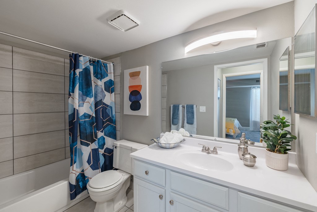 a bathroom with a shower and a sink and a mirror