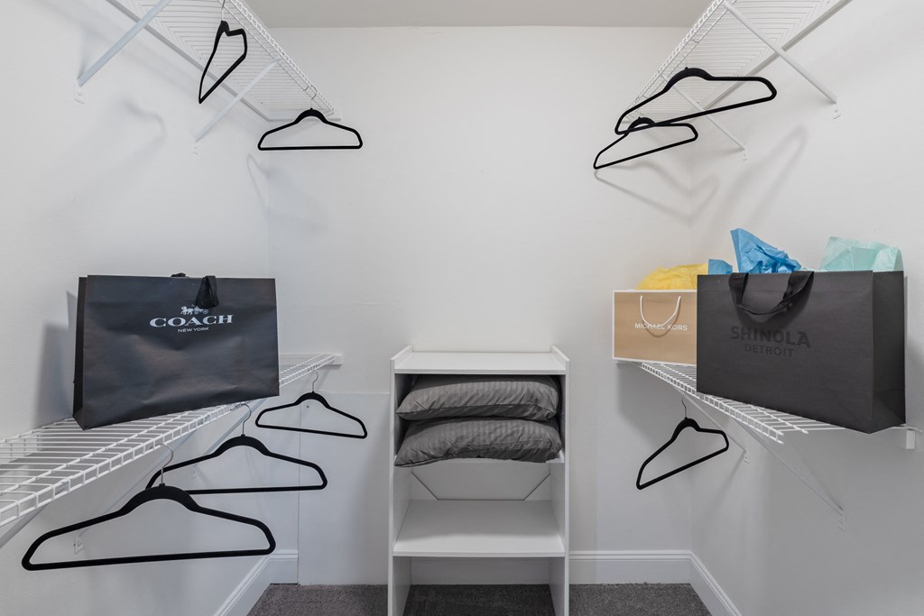 a closet with clothes hangers and bags on the wall
