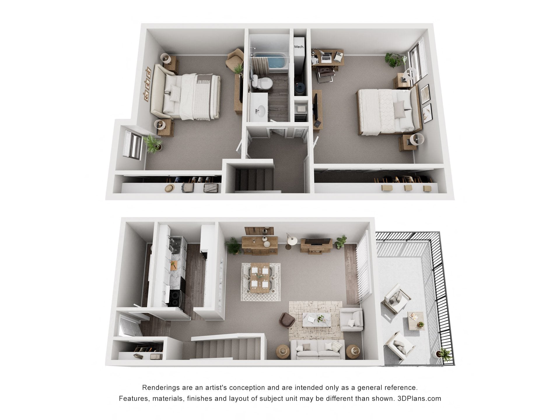 A floor plan of a two-bedroom apartment with a living room, kitchen, and bathroom.