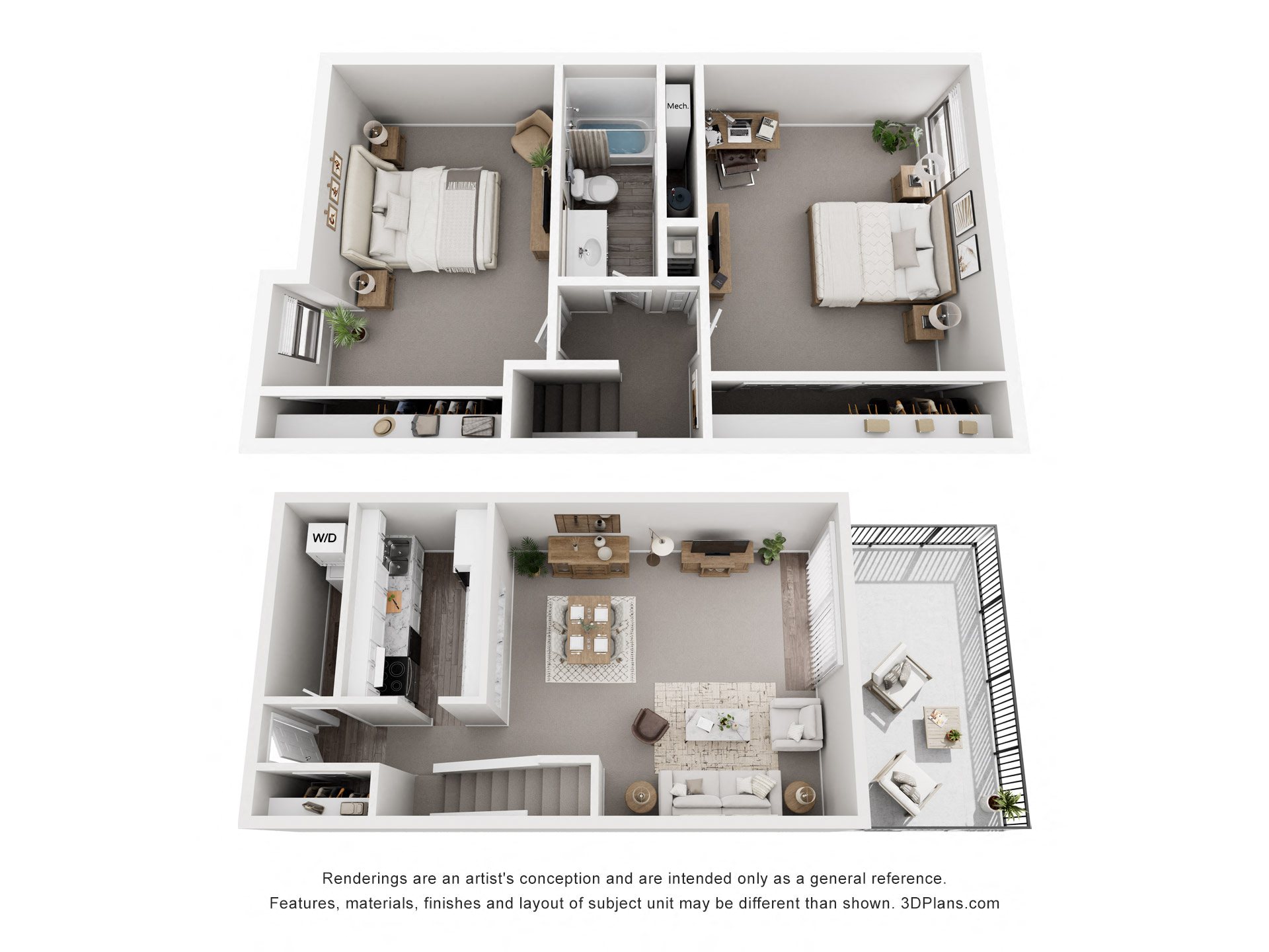 A 3D floor plan of a small apartment with two bedrooms and a living room.