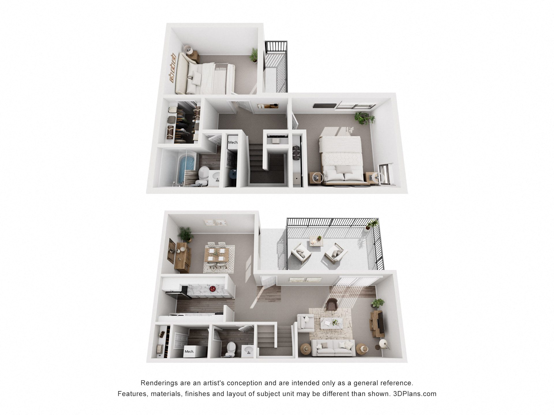 A white 3D floor plan of a house with two bedrooms and a living room.