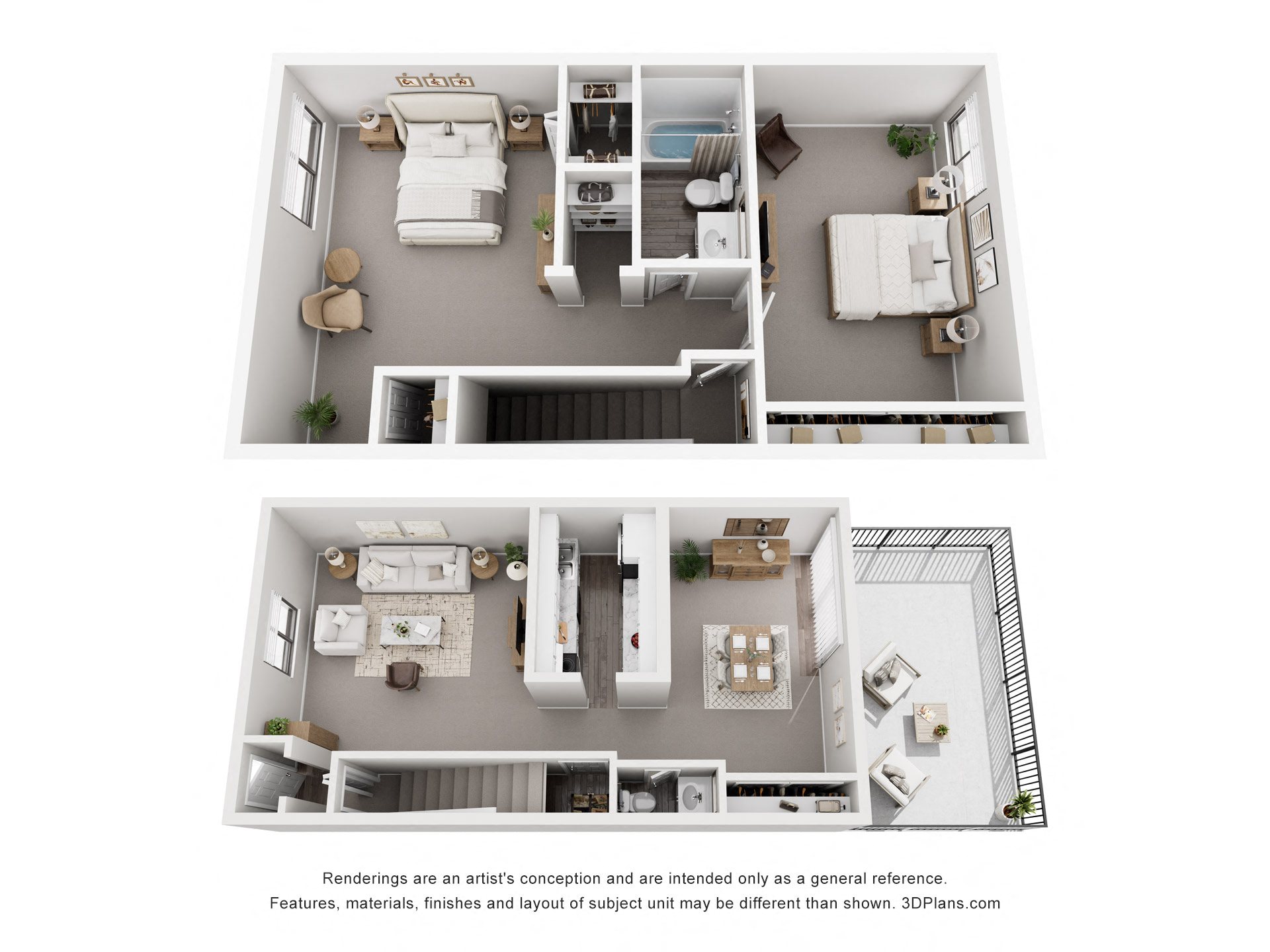 A 3D floor plan of a two-bedroom apartment with a living room, kitchen, and bathroom.