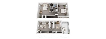 A 3D floor plan of a two-bedroom apartment with a living room, kitchen, and bathroom.