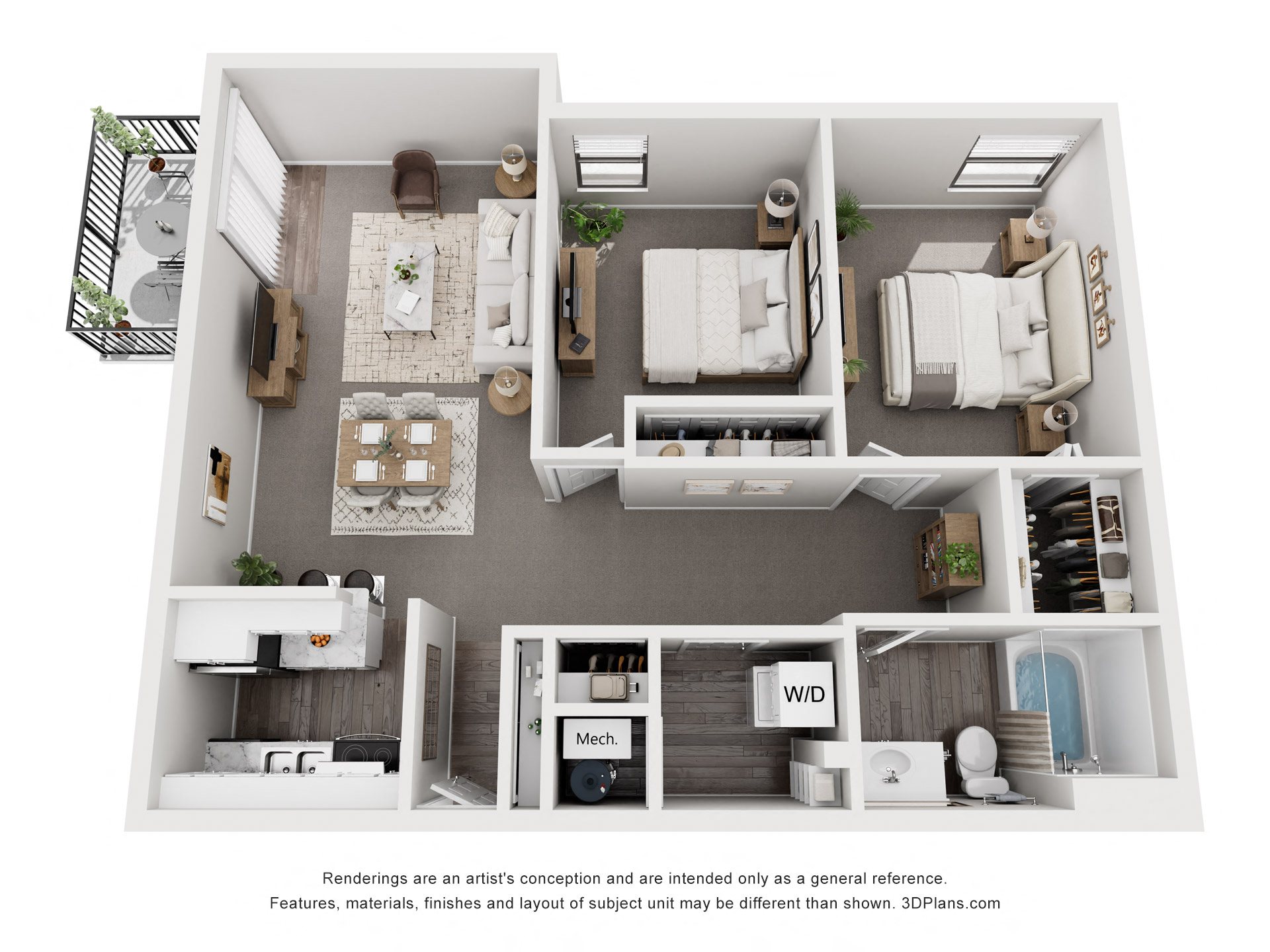 A 3D floor plan of a house with a kitchen, living room, and bathroom.