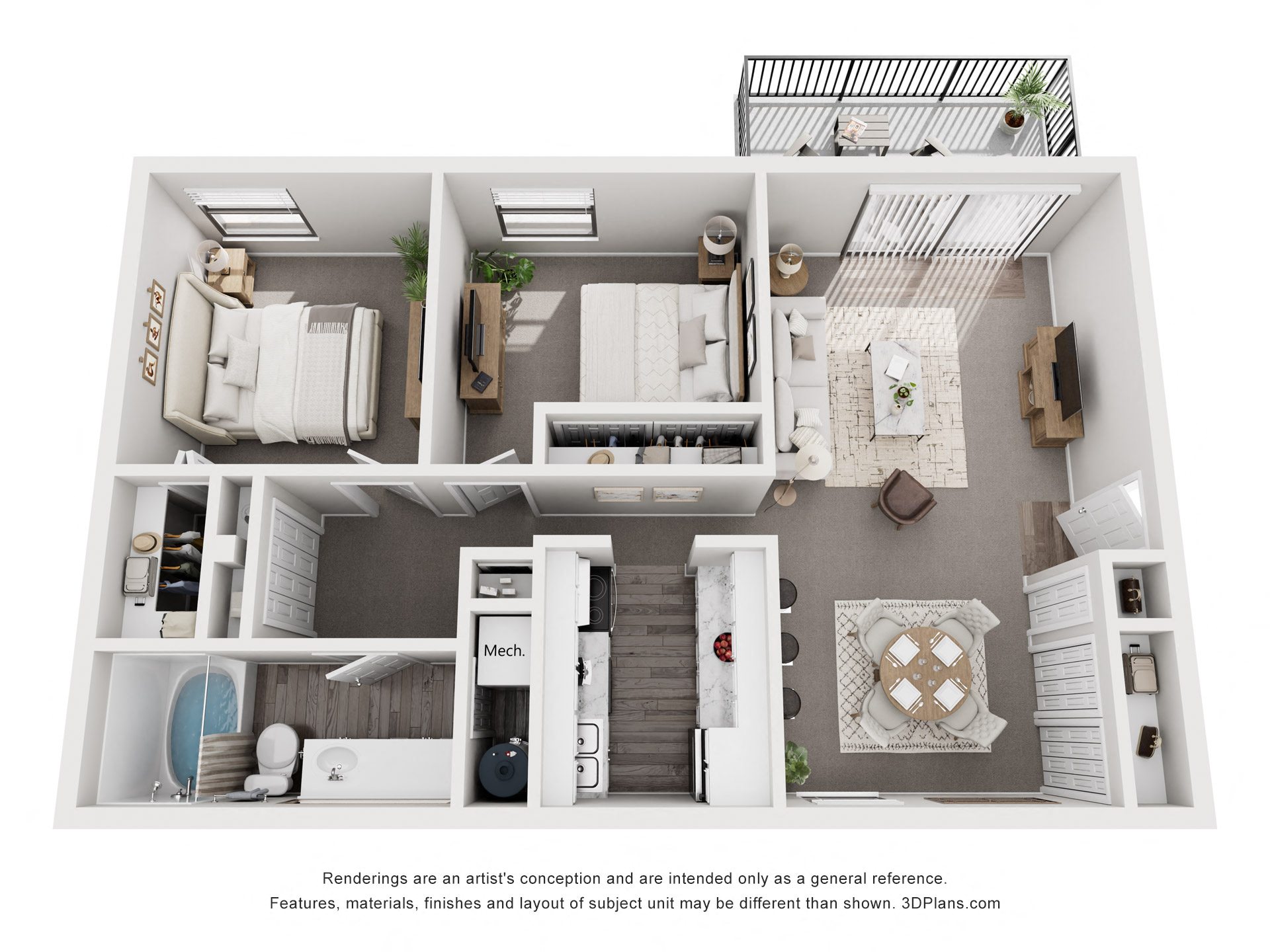 A 3D floor plan of a small apartment with a kitchen, living room, and bathroom.