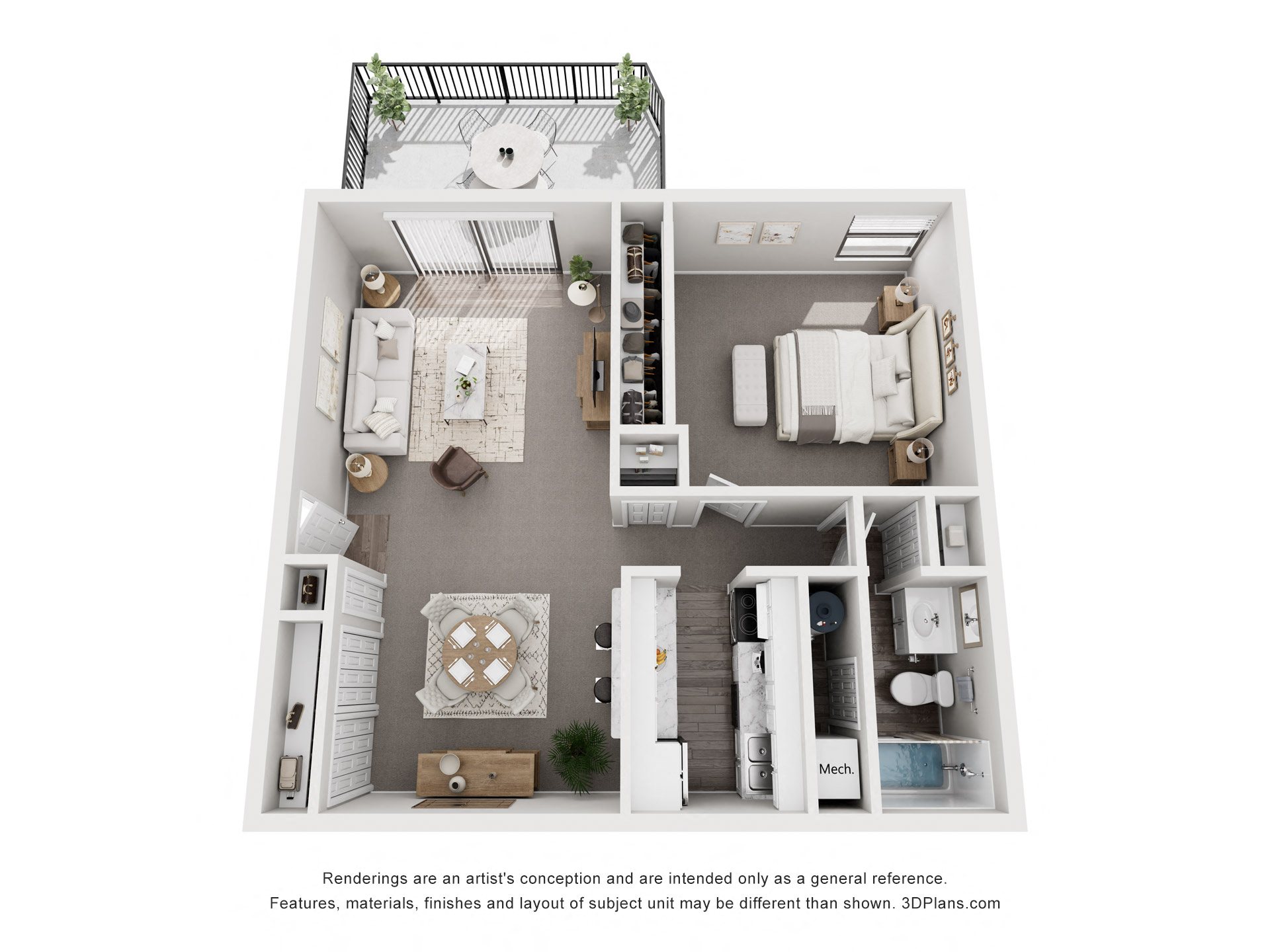 A 3D floor plan of a house with a kitchen, living room, and bathrooms.