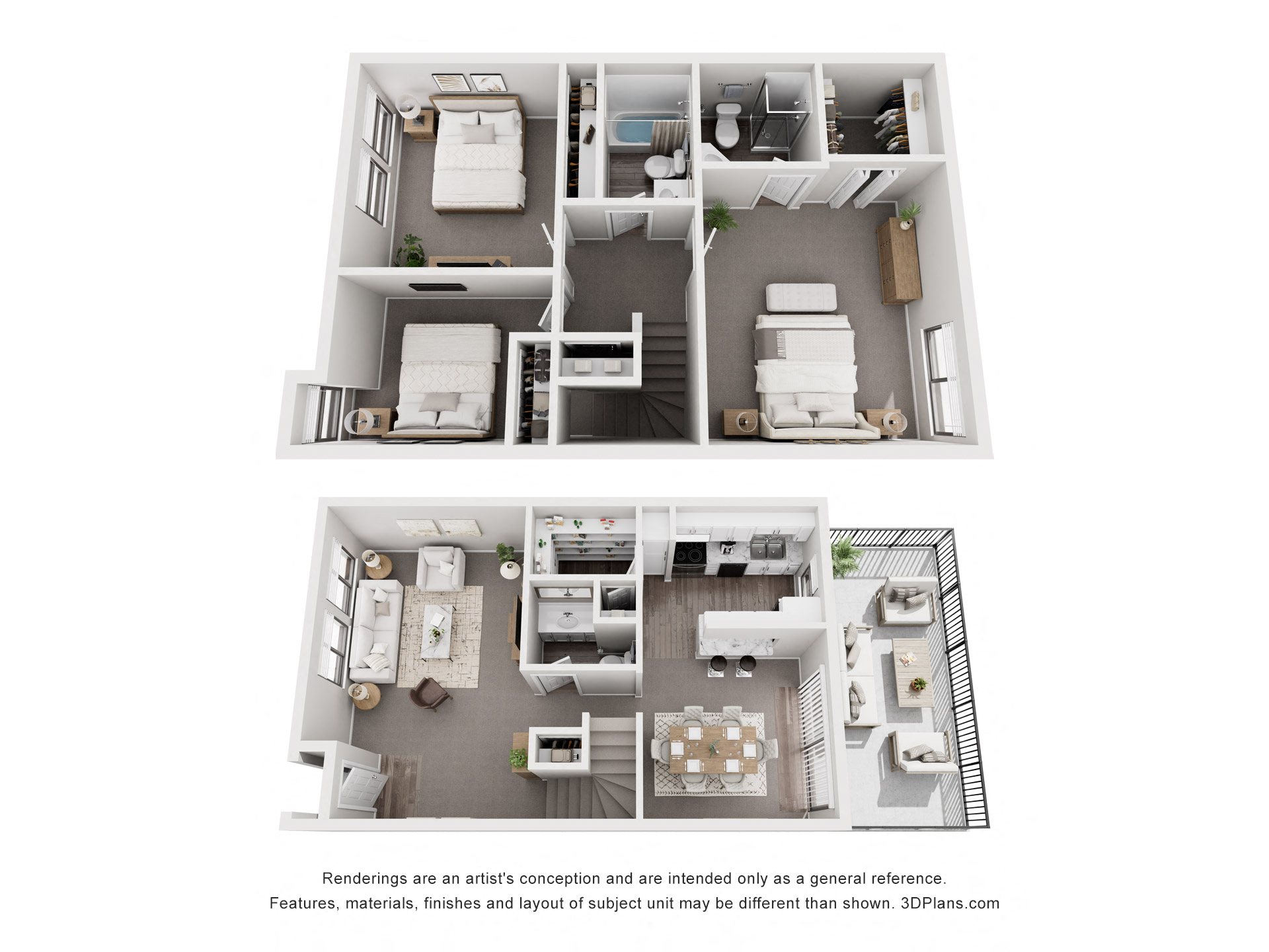 A 3D floor plan of a house with multiple rooms and furniture.