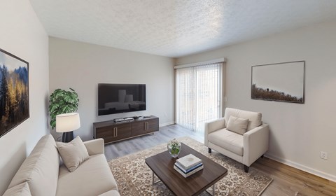 A living room with a couch, chair, and television.