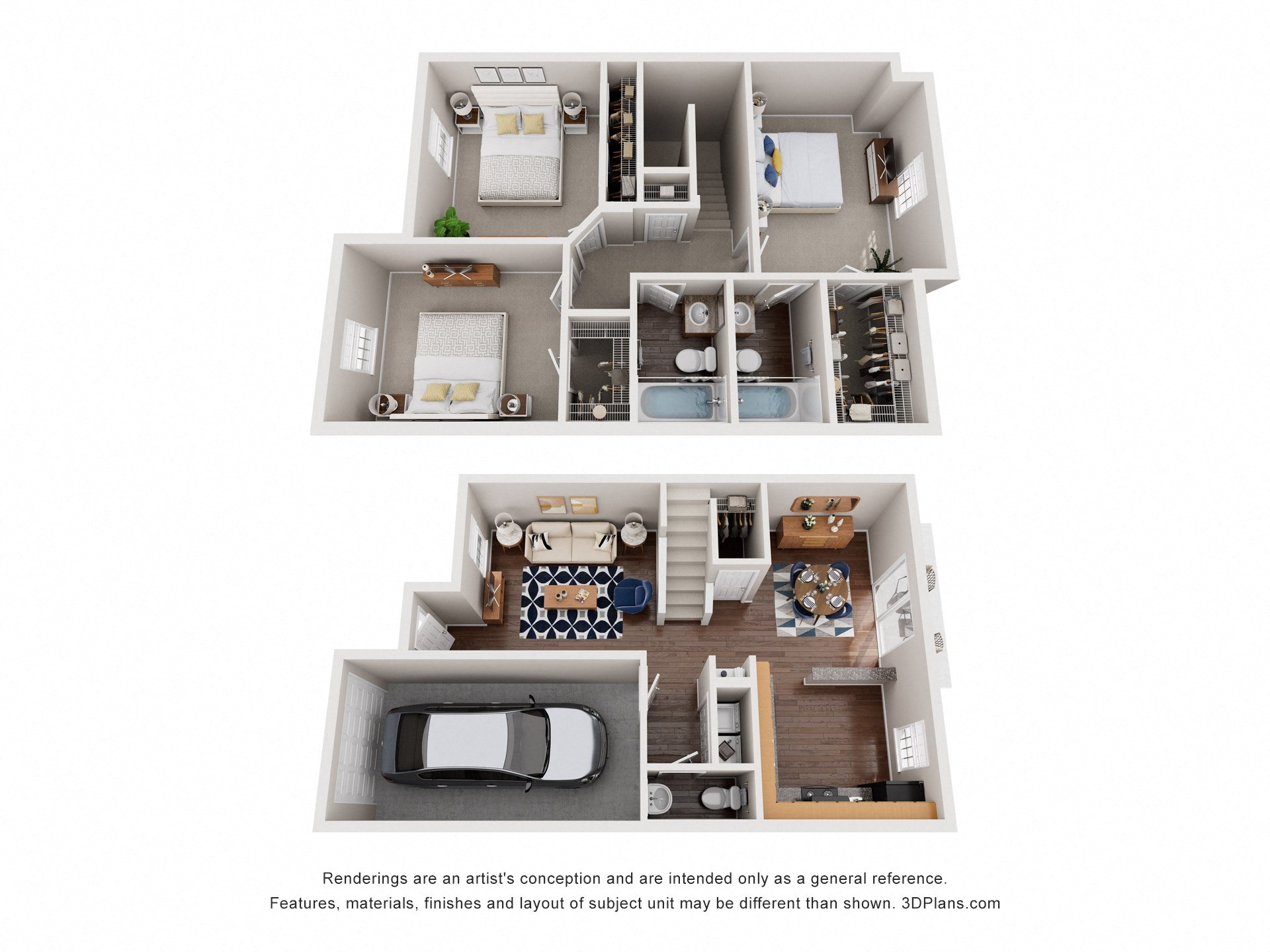 A 3D floor plan of a house with two bedrooms, a living room, a kitchen, and a garage.