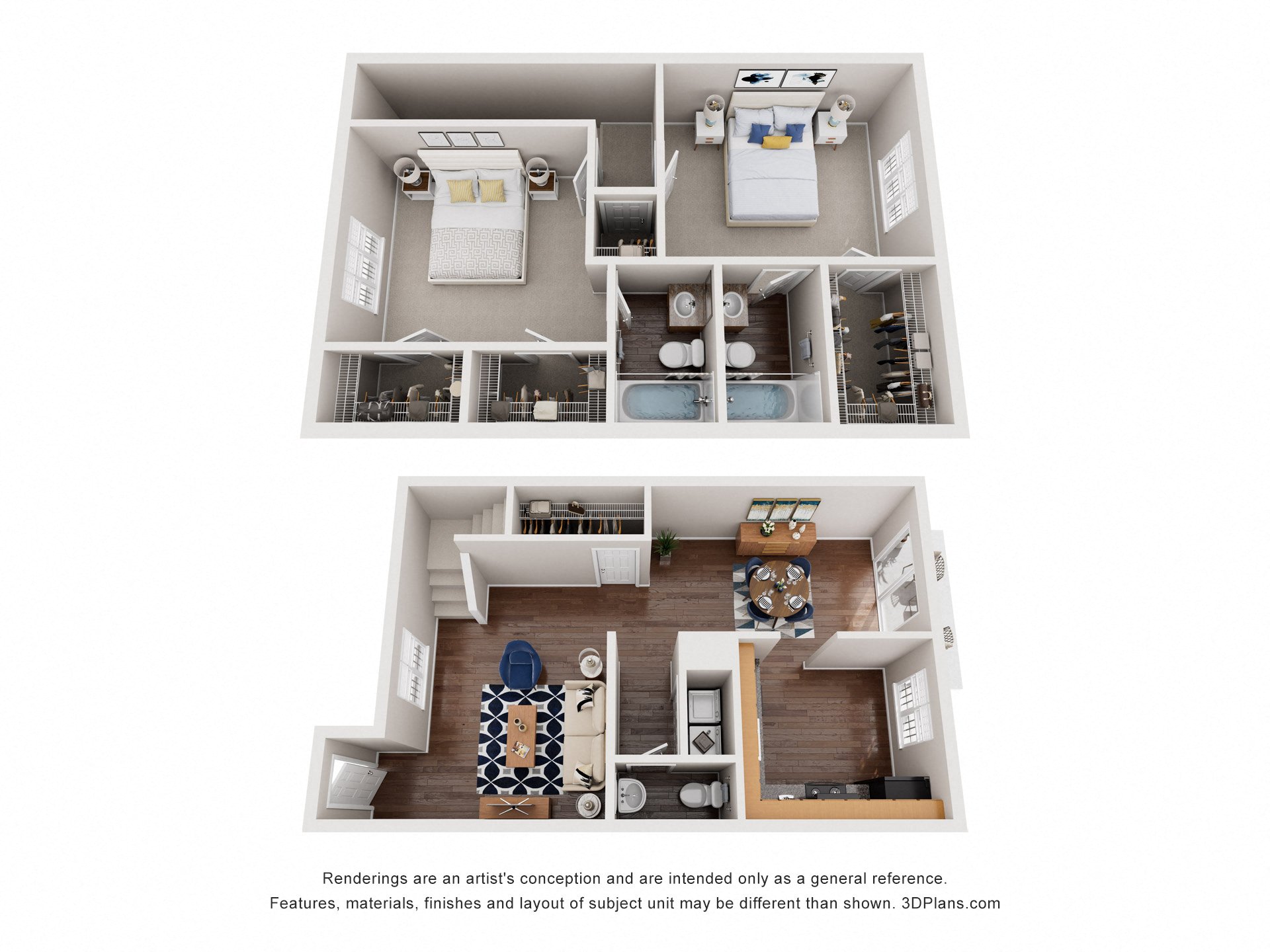 A 3D floor plan of a house with a kitchen, living room, and bathrooms.