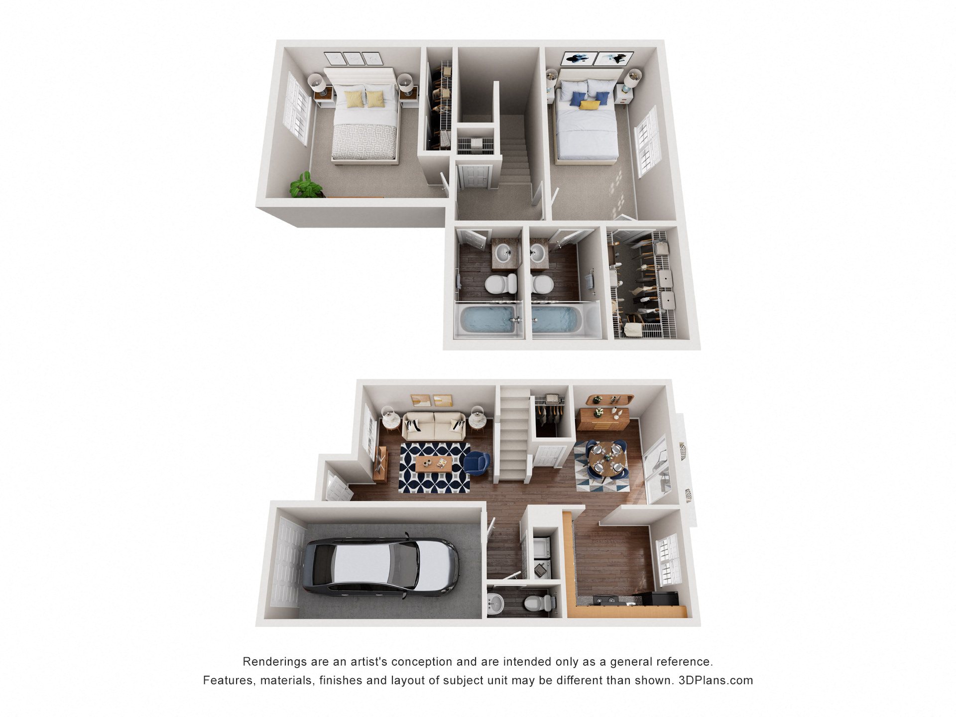 A 3D floor plan of a house with a kitchen, living room, and two bedrooms.