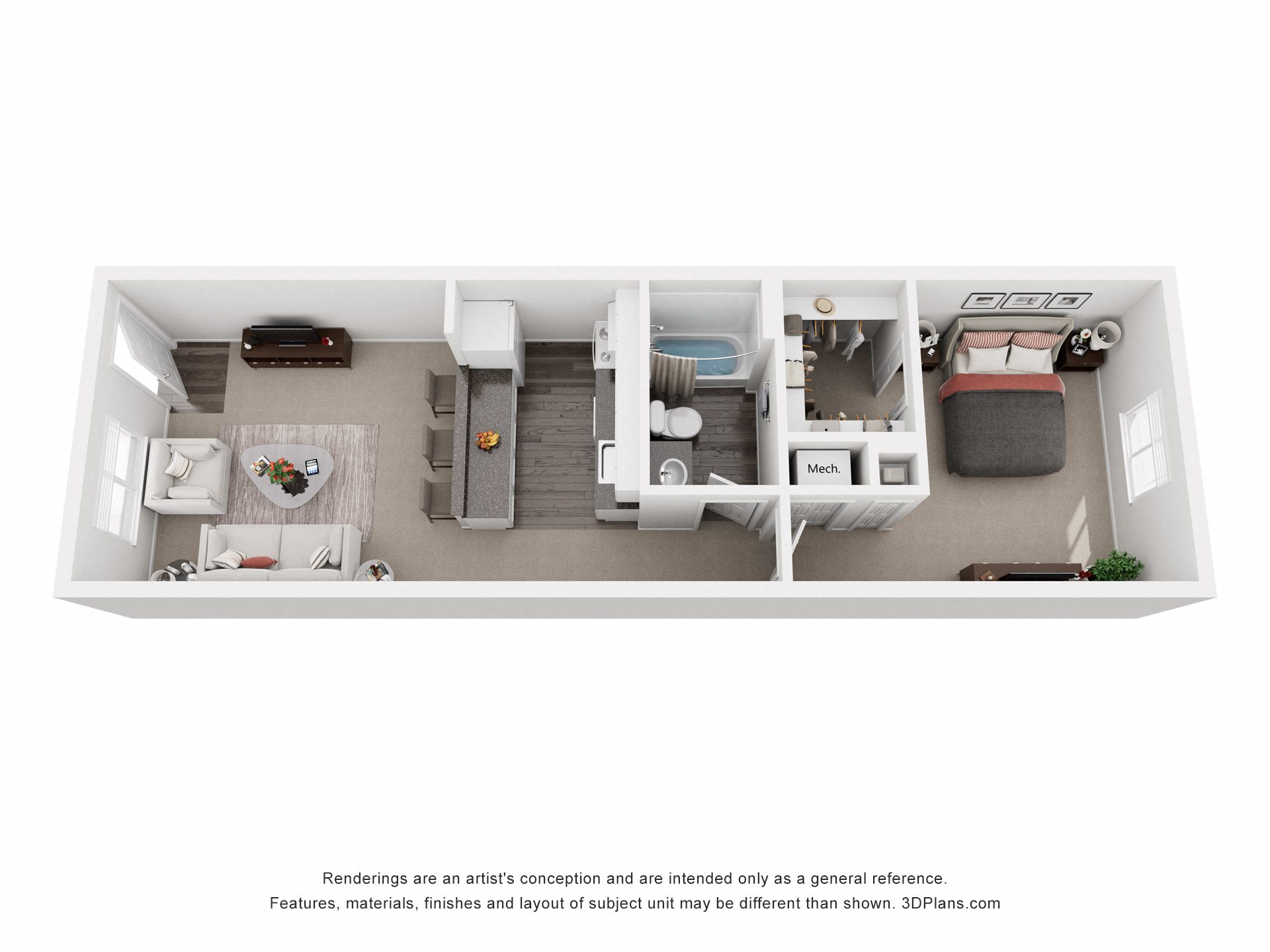 A 3D floor plan of a small apartment with a kitchen, living room, and bedroom.