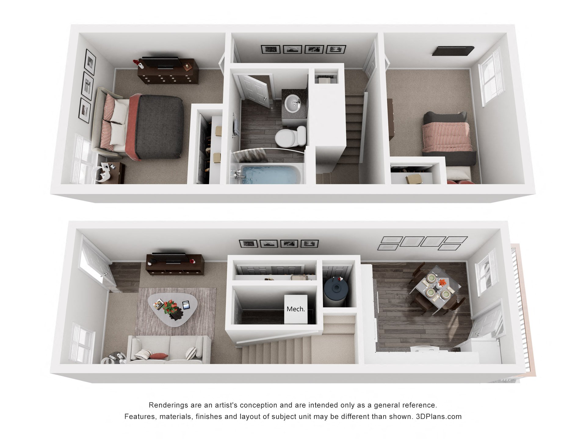 A 3D floor plan of a small apartment with two bedrooms and a living area.
