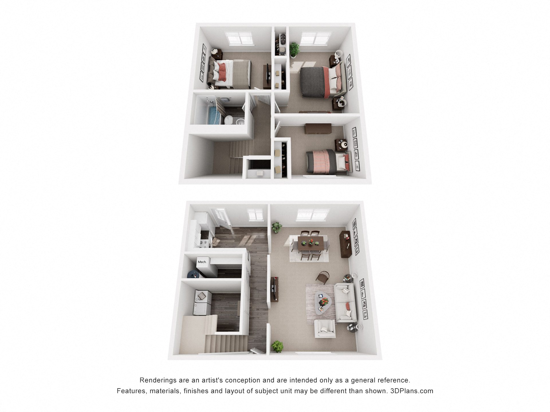 A 3D floor plan of a house with two bedrooms, a living room, a kitchen, and a bathroom.