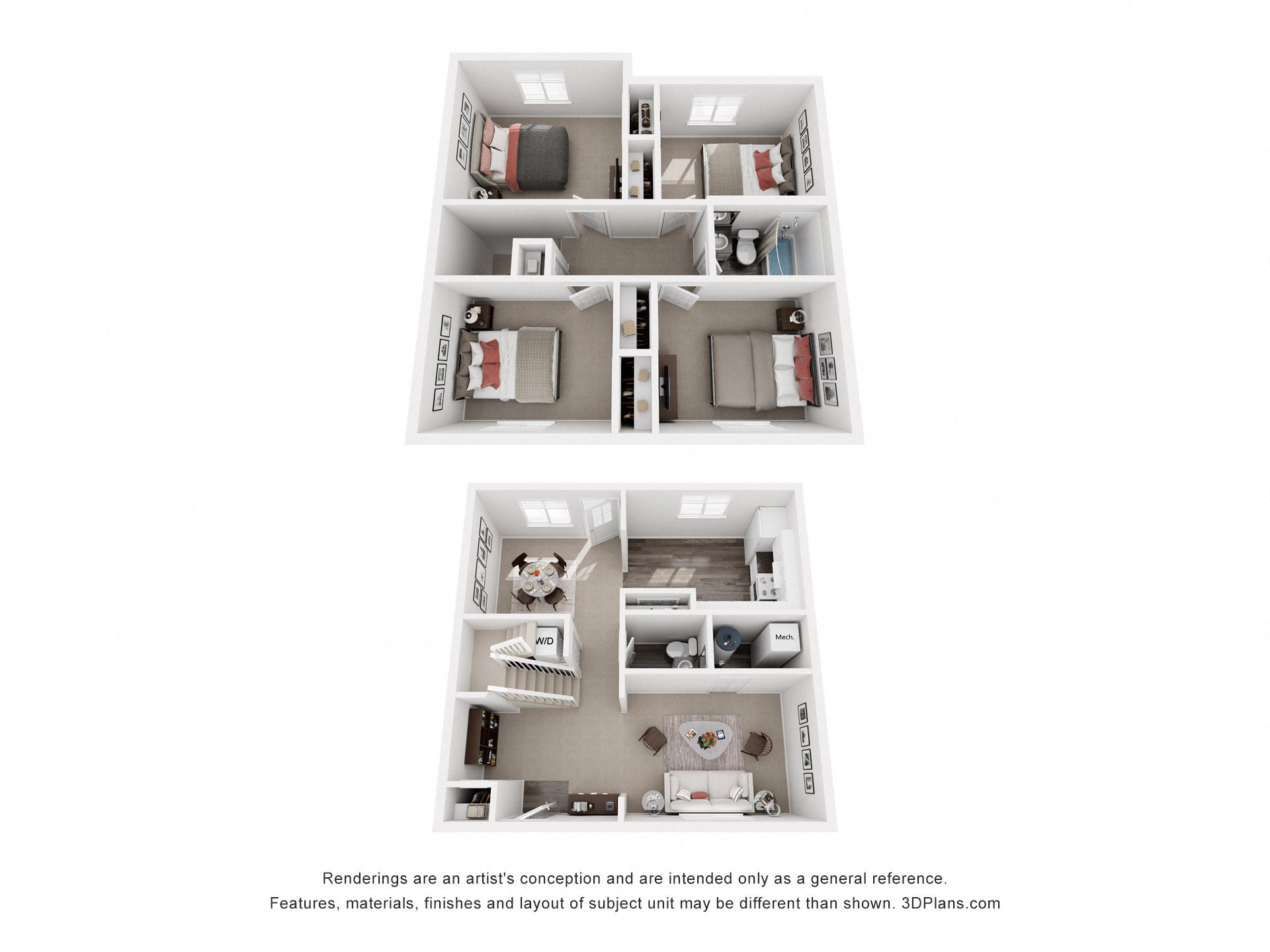 A 3D floor plan of a small apartment with two bedrooms and a living room.