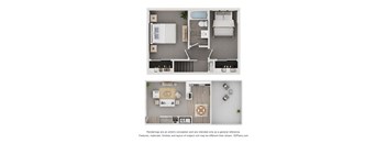 A 3D floor plan of a small apartment with a kitchen, living room, and bedroom.