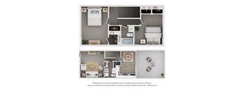 A 3D floor plan of a small apartment with a kitchen, living room, and bathroom.
