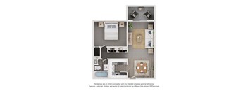 A floor plan of a house with a kitchen, living room, and bathroom.