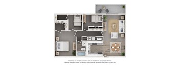 A 3D floor plan of a house with a kitchen, living room, and bathroom.