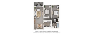 A 3D floor plan of a house with a kitchen, living room, and bathroom.