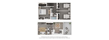 A floor plan of a house with a kitchen, living room, and two bedrooms.