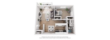 A 3D floor plan of a small apartment with a kitchen, living room, and bathroom.