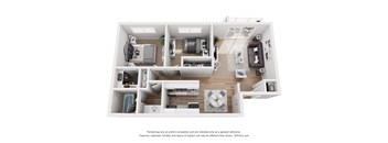 A 3D floor plan of a house with a kitchen, living room, and bedrooms.