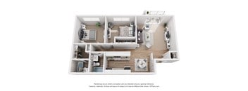 A 3D floor plan of a house with a kitchen, living room, and two bedrooms.