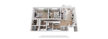 A 3D floor plan of a house with a kitchen, living room, and two bedrooms.