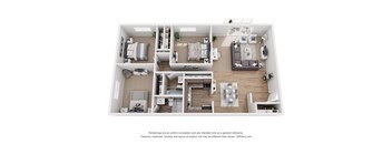 A 3D floor plan of a small apartment with a kitchen, living room, and bedrooms.