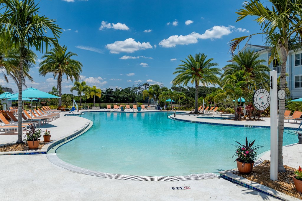 a large swimming pool with chairs and palm trees