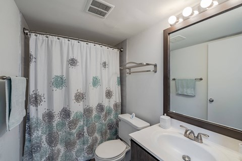 a bathroom with a shower and a sink and a toilet