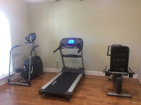 A treadmill with a digital display is in the middle of a room with a vacuum and a weight bench.