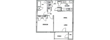 A black and white floor plan of a house with labeled rooms such as kitchen, living room, and bedroom.