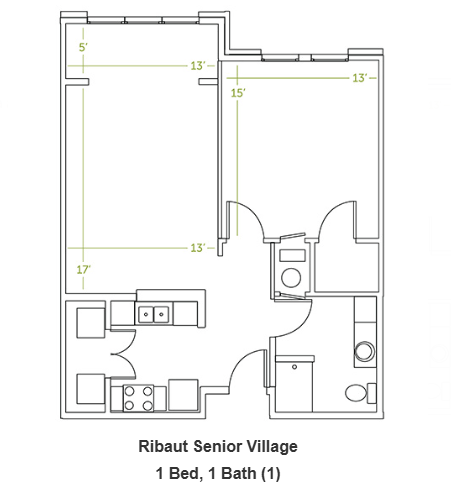 A floor plan of a one bedroom apartment with one bathroom.