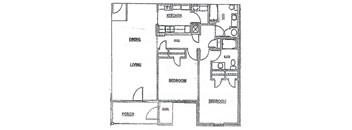 A black and white image of a floor plan for a house with labeled rooms such as kitchen, living room, and bedroom.
