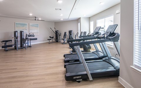 A gym with treadmills and other exercise equipment.