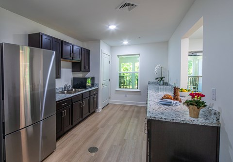 A kitchen with a refrigerator, cabinets, and a counter with a plant on it.