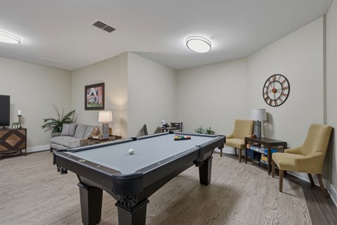 A pool table is in the middle of a room with a chair and a plant.