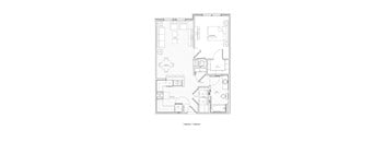 A floor plan of a one bedroom/one bathroom apartment.