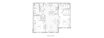 A floor plan of a two bedroom, two bathroom apartment.