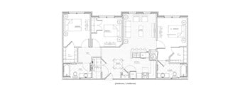 A black and white image of a floor plan for a 3 bedroom 2 bathroom house.