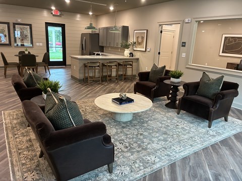 A living room with a grey rug and a black couch.