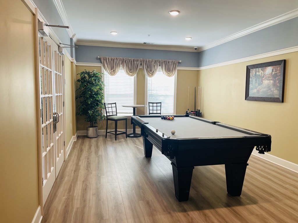 A pool table in a room with a chair and a plant.