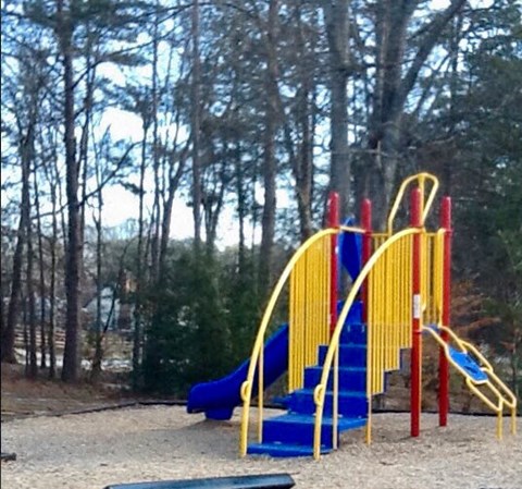 a playground with a blue and yellow slide