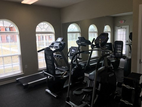 a gym with cardio machines and windows