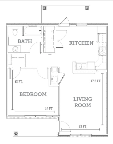 A floor plan of a small apartment with a living room, bedroom, and kitchen.