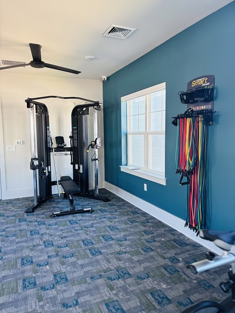 A home gym with a blue wall and a window.