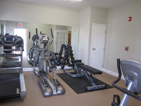 A gym with treadmills, exercise bikes and other equipment.