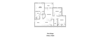 A drawing of a 3 bedroom, 2 bath house plan.